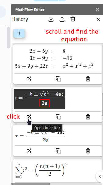 Scroll and find the equation, Click on open in editor icon